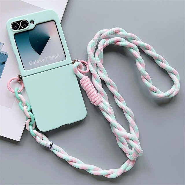 Samsung Galaxy Z Flip 6 5 4 3 Crossbody Lanyard Handyhülle in Bonbonfarbe, stoßfeste weiche Abdeckung, Farbe: grün - Bild 1