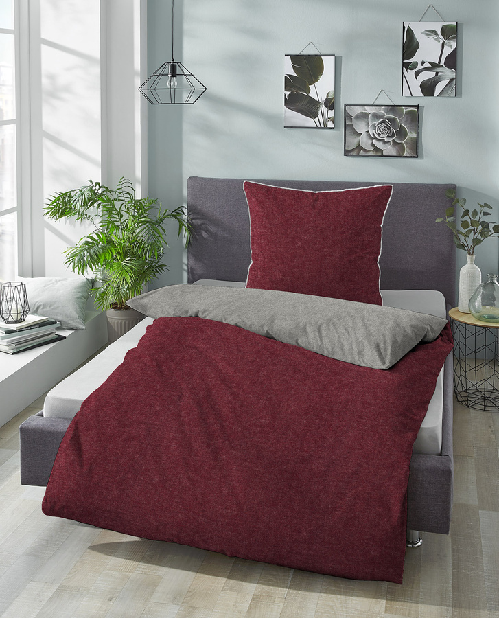Biberna Bettwäsche Uni-Melange Flanell aus Baumwolle, B/H: 155 x 220 cm mit 2 Kissen 80 x 80 cm, Rot/Grau - Bild 1
