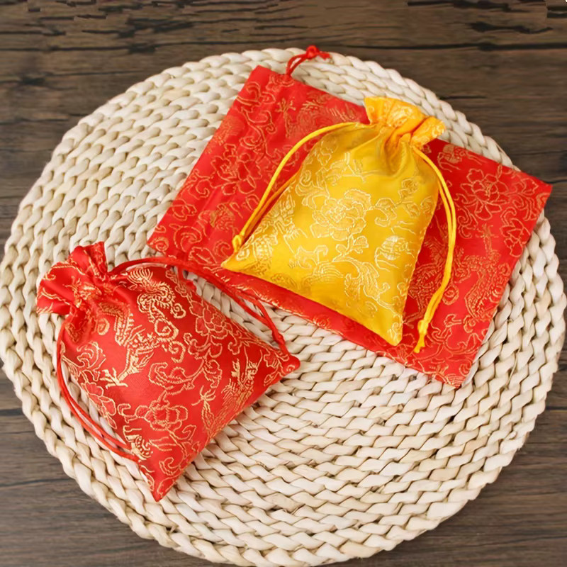 6er Set Brokat Schmuckaufbewahrungstaschen mit Drachenmuster in Rot und Gelb als Segen-Geschenkbeutel mit Kordelzug - Bild 2