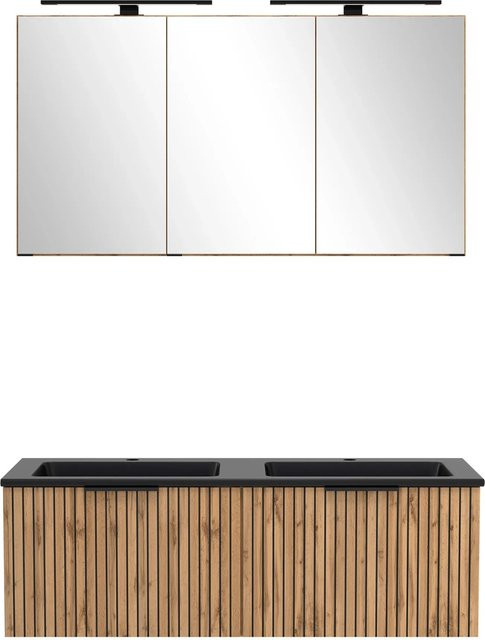 Held Möbel Waschtisch-Set aus Eiche und Mineralguss in Schwarz mit Spiegelschrank und LED-Beleuchtung, B/T/H: 200 x 120 x 47 cm - Bild 1