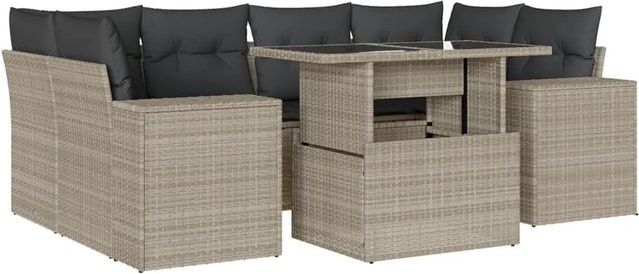 vidaXL 7-teilige Garten-Sofagarnitur aus Poly-Rattan in Hellgrau mit Kissen aus Polyester und pulverbeschichtetem Stahl - Bild 1