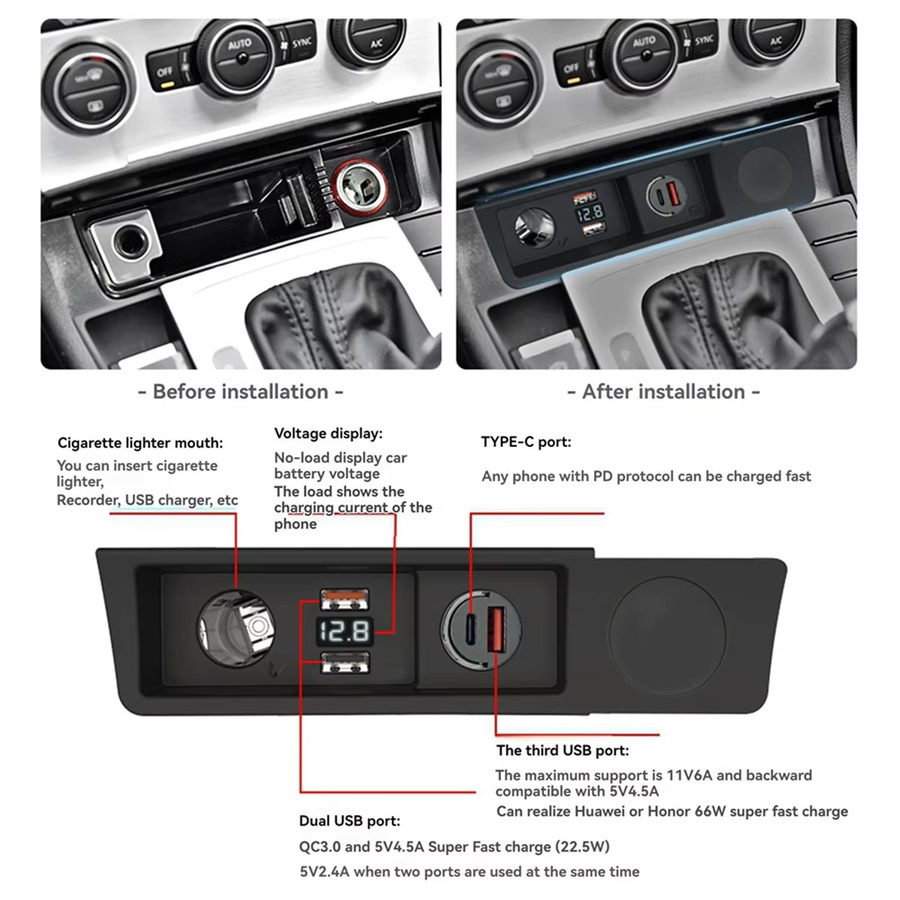Autoladegerät für VW Passat B6 B7 CC R36 mit USB-C und USB-A Schnellladung 3A, Schwarz - Bild 2