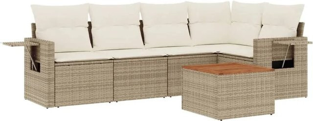 vidaXL 6-teilige Garten-Sofagarnitur aus Polyrattan in Beige mit Kissen und Couchtisch - Bild 1