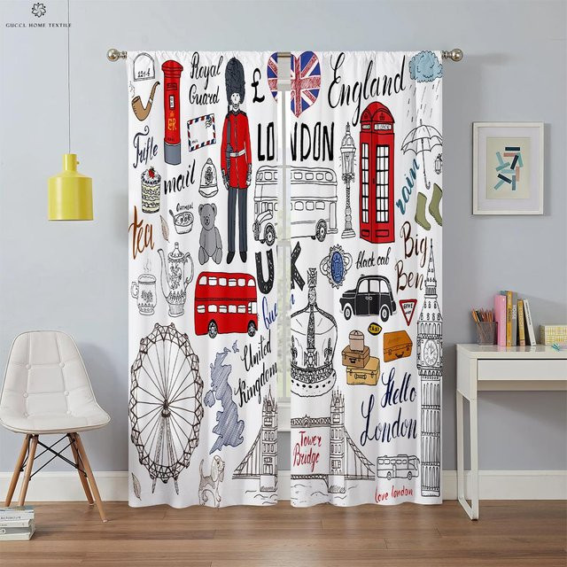 Dekorativer 3D-Druck Vorhang im amerikanischen Retro-Stil mit rotem Briefkasten, Schwarz und Weiß, 2er-Set, B: 50 cm, H: 130 cm - Bild 1