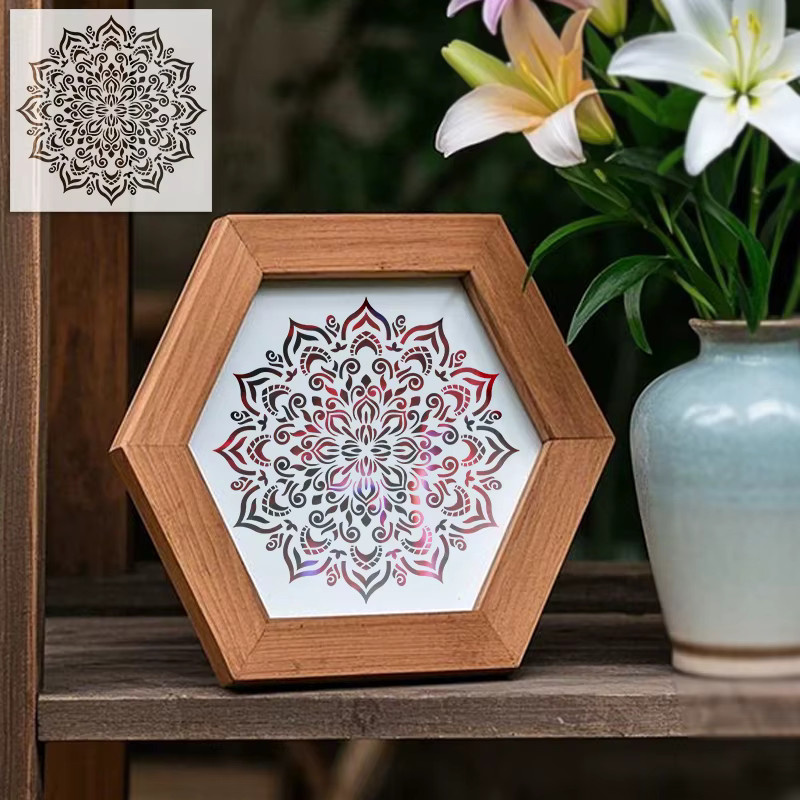 YOMDID PET-Schablone mit rundem Mandala-Blumenmuster, transparent, wiederverwendbar für DIY-Kunsthandwerk und Airbrush, Durchmesser: 29,4 cm - Bild 3