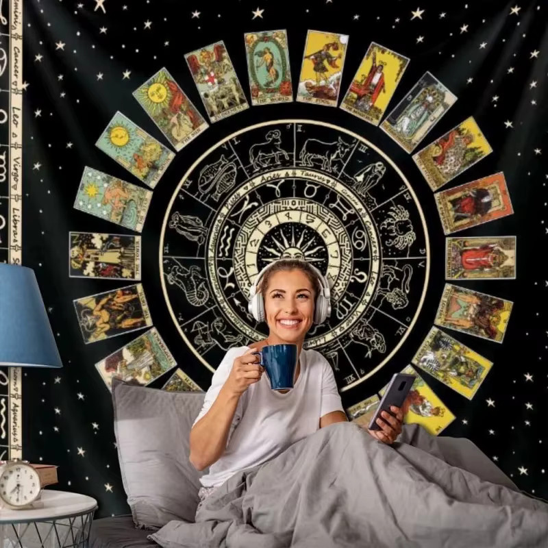 VIKAMA Tarot-Sternzeichenrad-Wandteppich mit Mandala- und Sternen-Design in Multicolour, Astrologie-Wandbehang im Boho-Stil für deine Schlafzimmerdekoration - Bild 2