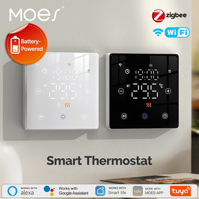 MOES Tuya Smart WiFi und ZigBee Thermostat als batteriebetriebener Gaskessel-Temperaturregler in Schwarz oder Weiß mit Alexa und Google Home Integration - Bild 1