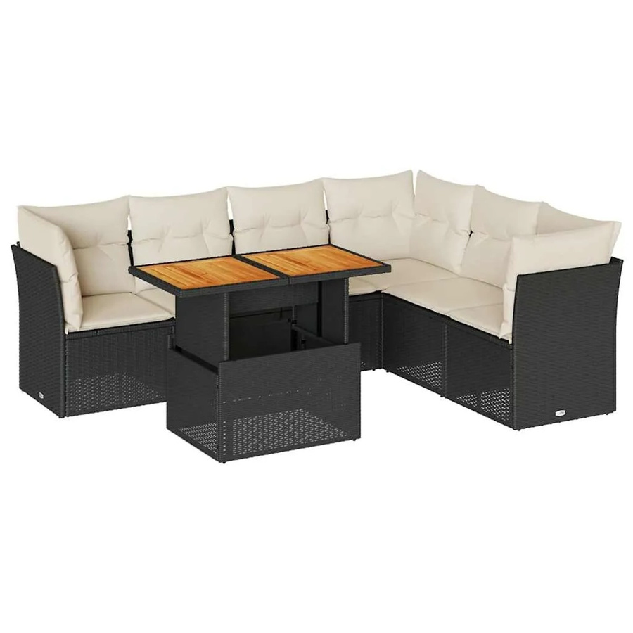vidaXL 7-teilige Garten-Sofagarnitur in L-Form aus Polyrattan und Akazienholz mit Kissen in Schwarz-Creme - Bild 2