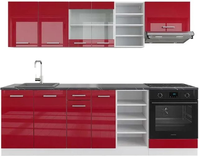 Vicco R-Line Küchenzeile modern in Bordeaux Hochglanz und Weiß mit Anthrazit, Breite: 240 cm, Tiefe: 60 cm, Höhe: 81,6 cm - Bild 1