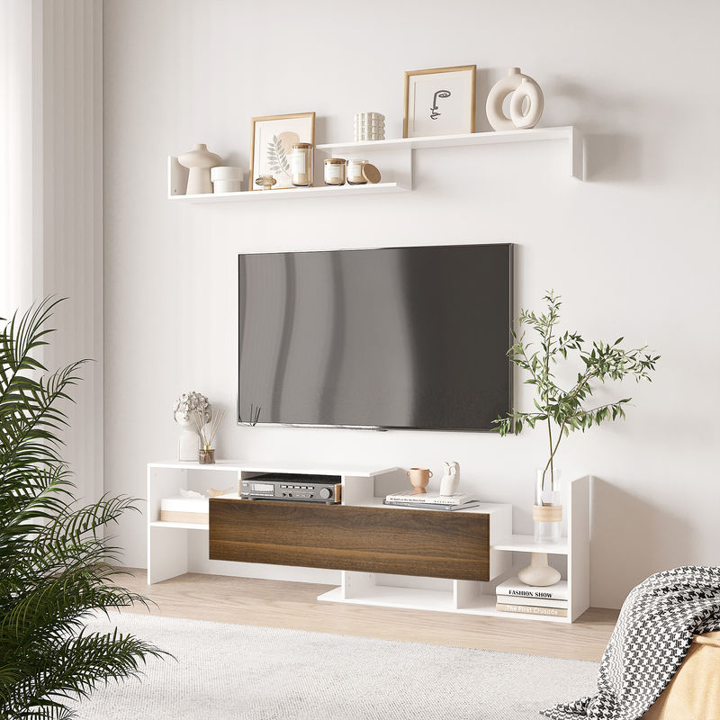 HOMCOM TV-Möbelset mit TV-Ständer und Wandregal im modernen Stil, Weiß und Braun, Breite: 153,6 cm - Bild 2