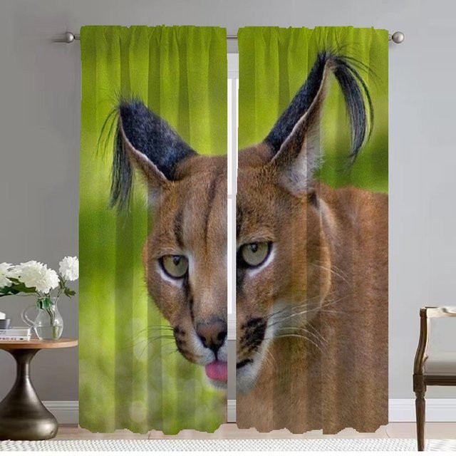 Elegante Tüll-Vorhänge Karakal mit Tiermotiv für Schlafzimmer und Wohnzimmer, 2 Stück, Farbe: Grün, B: 50 cm, H: 70 cm - Bild 1