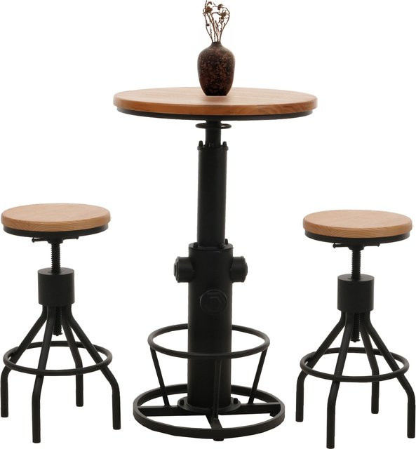 MCW Set Bartisch mit 2 Barhockern N17 im Industrial Design aus Kiefernholz und Eisen, braun, höhenverstellbar und drehbar - Bild 1