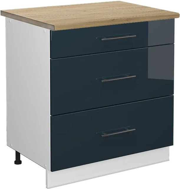 Vicco Küchenunterschrank Fame-Line mit 3 Schubladen, Weiß und Dunkelblau Hochglanz, Arbeitsplatte Eiche, Breite: 80 cm - Bild 2