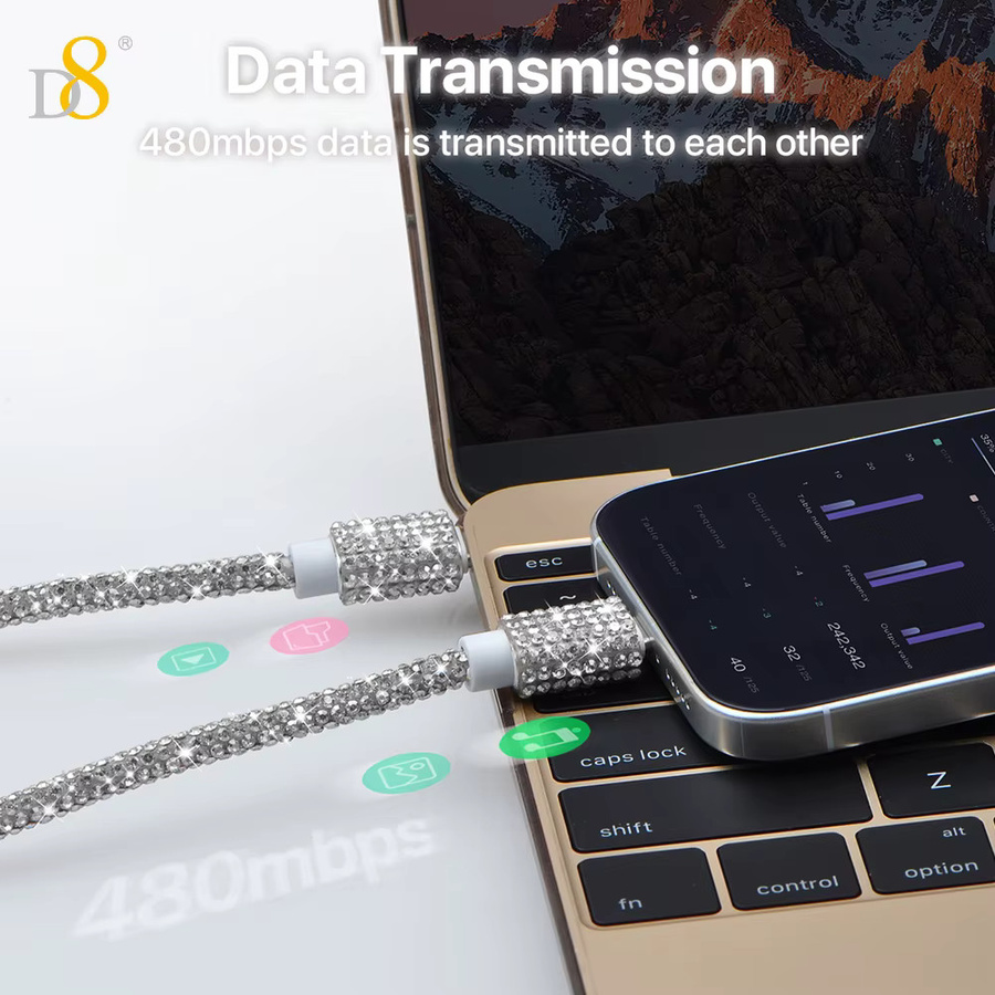 D8 USB C auf USB C Kabel 60W Schnellladung in Silber mit Kristalldekoration und Diamond Shine für iPhone 15, Pro, Plus, Pro Max und MacBook - Bild 2