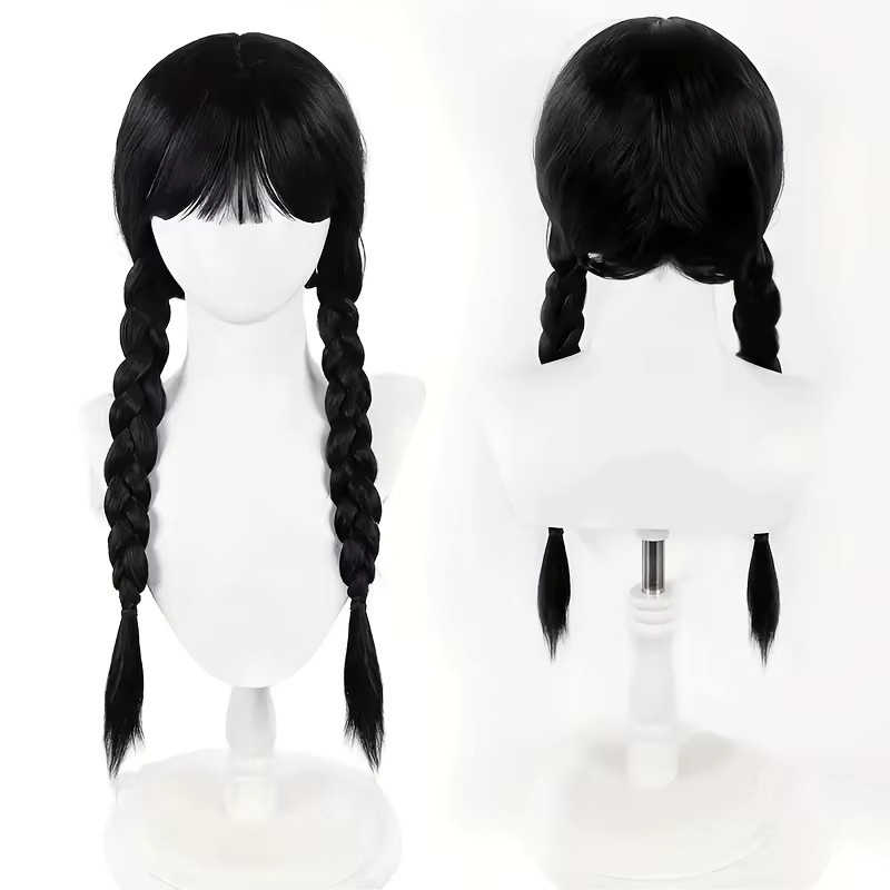 Suri Hair Mittwoch Perücke, schwarze Damenperücke mit Pony und doppelten Zöpfen, synthetische Perücke, Horrorhandschuh, Set - Bild 2