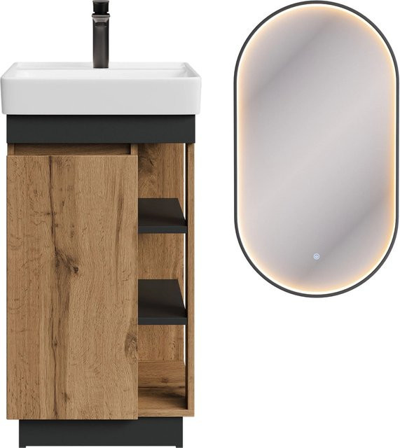 Planetmöbel Badmöbel Set NYX mit Waschbecken, LED Spiegel GLORA und Armatur in Wotan Eiche Anthrazit und Matt Schwarz, Breite: 45 cm - Bild 1