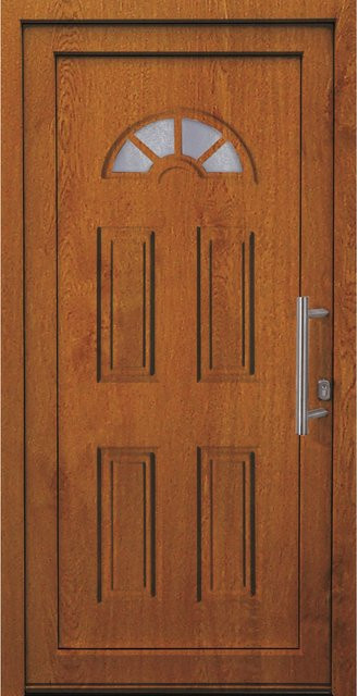 Kunststoff-Haustür PANTO K001 in Golden Oak mit Glaseinsatz, Farbe: Braun/Gold, B/H: 110 x 210 cm, Anschlag Rechts - Bild 1