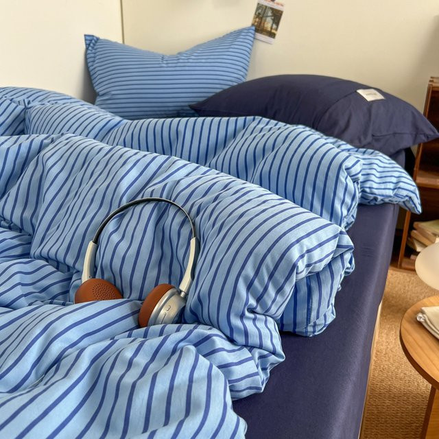 Bonenjoy Gestreiftes Bettwäsche-Set in Mehrfarbig und Blau, Modernes Single Bettwäsche-Set - Bild 1