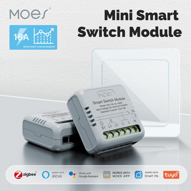 MOES Tuya ZigBee Smart Mini Schalter Modul mit Stromverbrauch Monitor, 1 Gang 16A, Weiß, kompatibel mit Alexa und Google Assistant - Bild 1