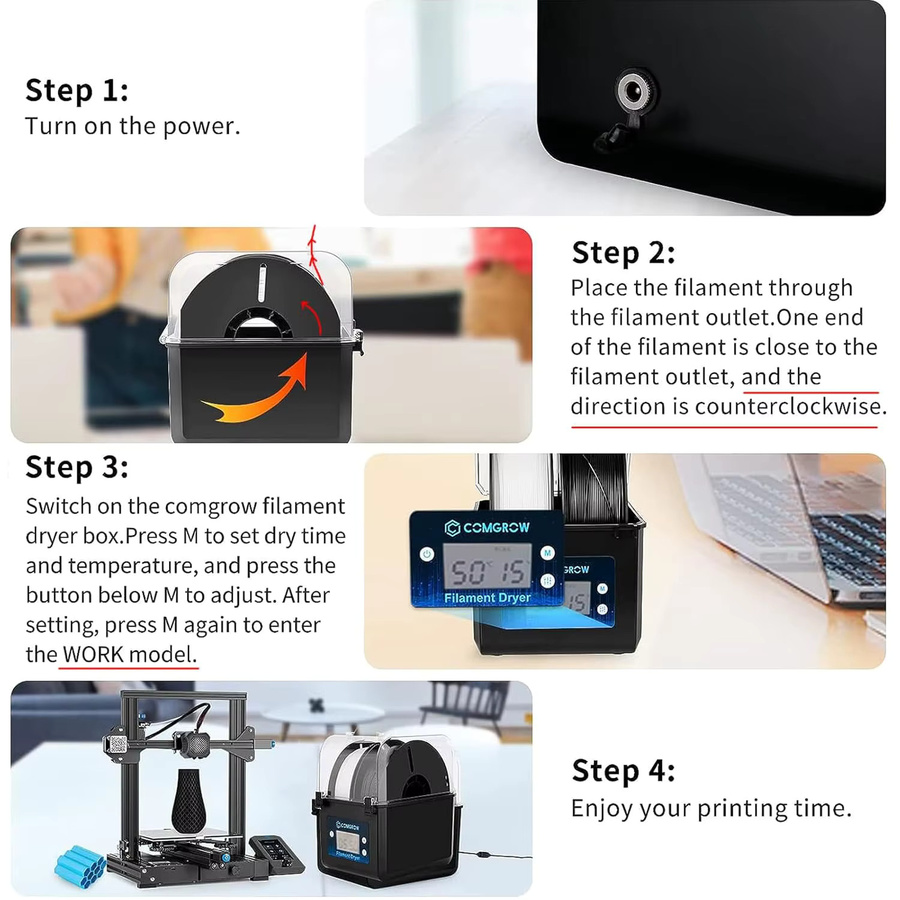 Comgrow Filament-Trockner für 2 Rollen, Spulenhalter und Trockenbox für 1,75 mm und 2,85 mm FDM-Materialien wie ABS, PLA, PETG und TPU, Schwarz - Bild 3