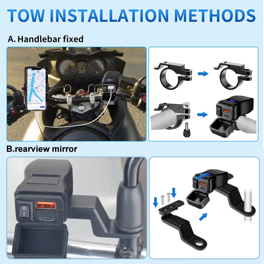 Dual USB Motorrad Ladegerät mit QC 3.0 Schnellladefunktion, digitalem Voltmeter und Schalter, wasserdicht, Schwarz - Bild 5