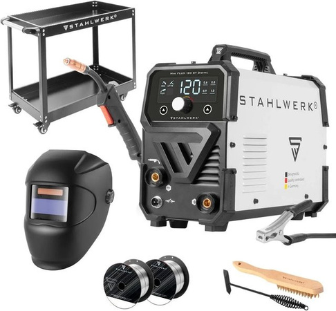STAHLWERK Schweißgerät FLUX 120 ST MIG Set mit Gerätewagen und Schweißhelm in Weiß