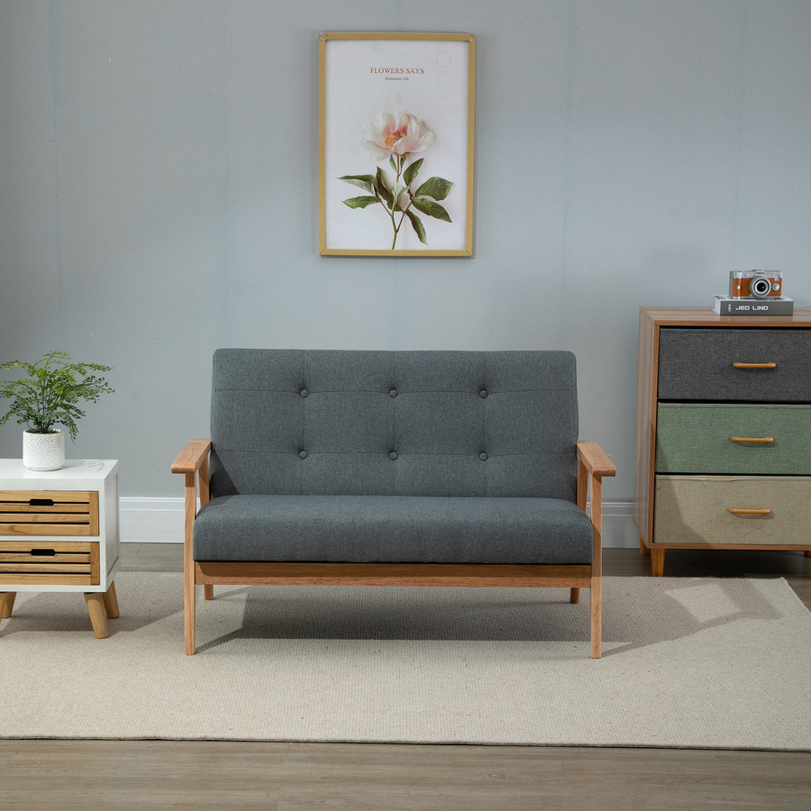 HOMCOM Doppelsofa Loveseat 2-Sitzer mit Polsterung aus Leinen und Gummiholz, Grau, B: 115 cm, T: 66,5 cm, H: 73 cm - Bild 2