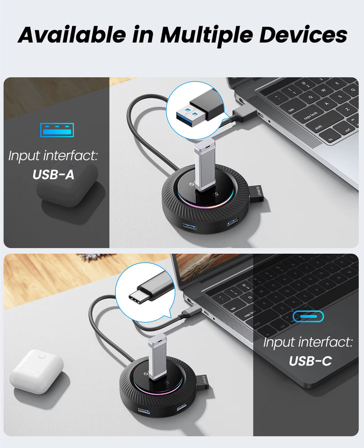 ORICO RGB USB 3.0 und USB-C Hub mit Power Port, 5 Gbit/s Multi Splitter OTG Adapter für PC und MacBook Pro, Schwarz - Bild 3