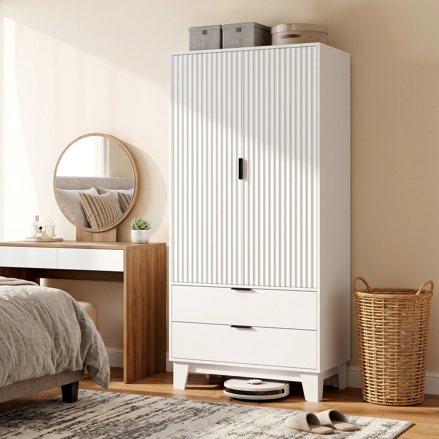 HOMCOM Kleiderschrank in Weiß mit 2 gerillten Soft-Close-Türen, 2 Schubladen und Kleiderstange, moderner Stil, B/T/H: 80 x 50 x 180 cm - Bild 2