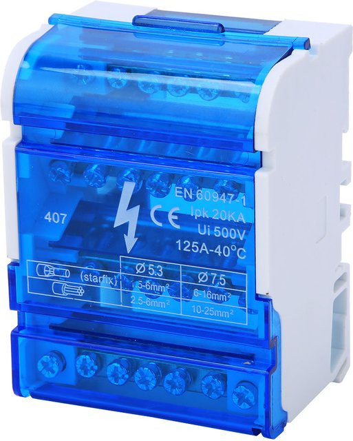 VBESTLIFE Terminal-Verteilerkasten 407 mit blauer transparenter Abdeckung, einphasiges Anschlusskastengehäuse für DIN-Schiene mit 4 Ebenen - Bild 1