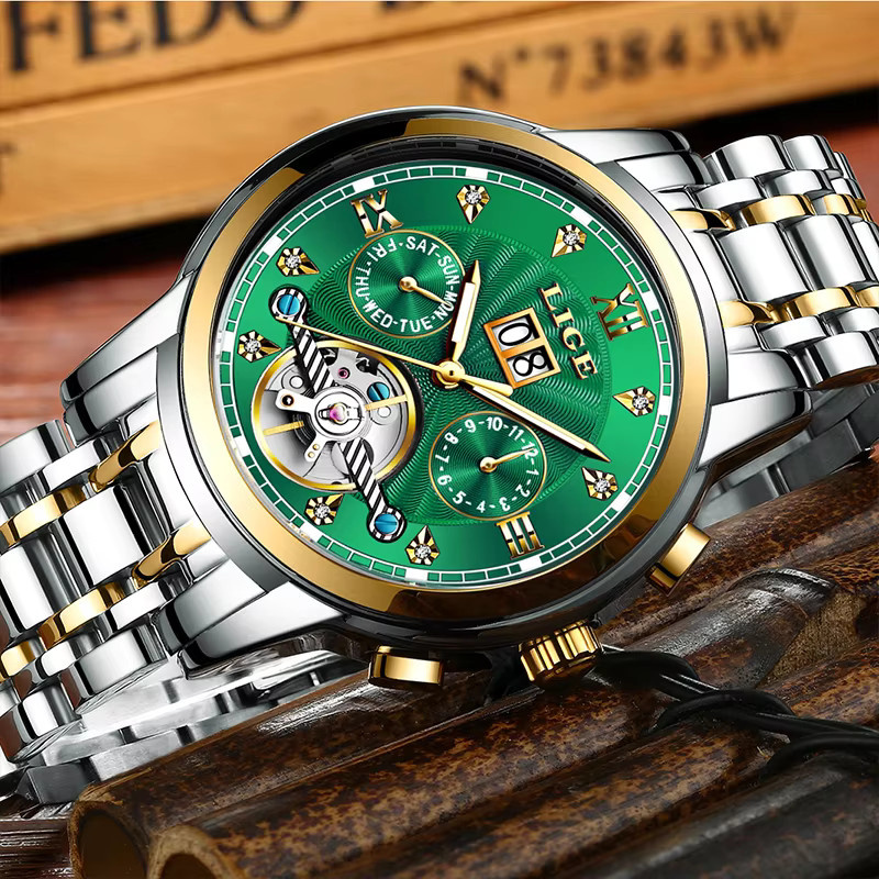 LIGE Armbanduhr Automatik, Edelstahl, Bicolor, Grün, Herren - Bild 4