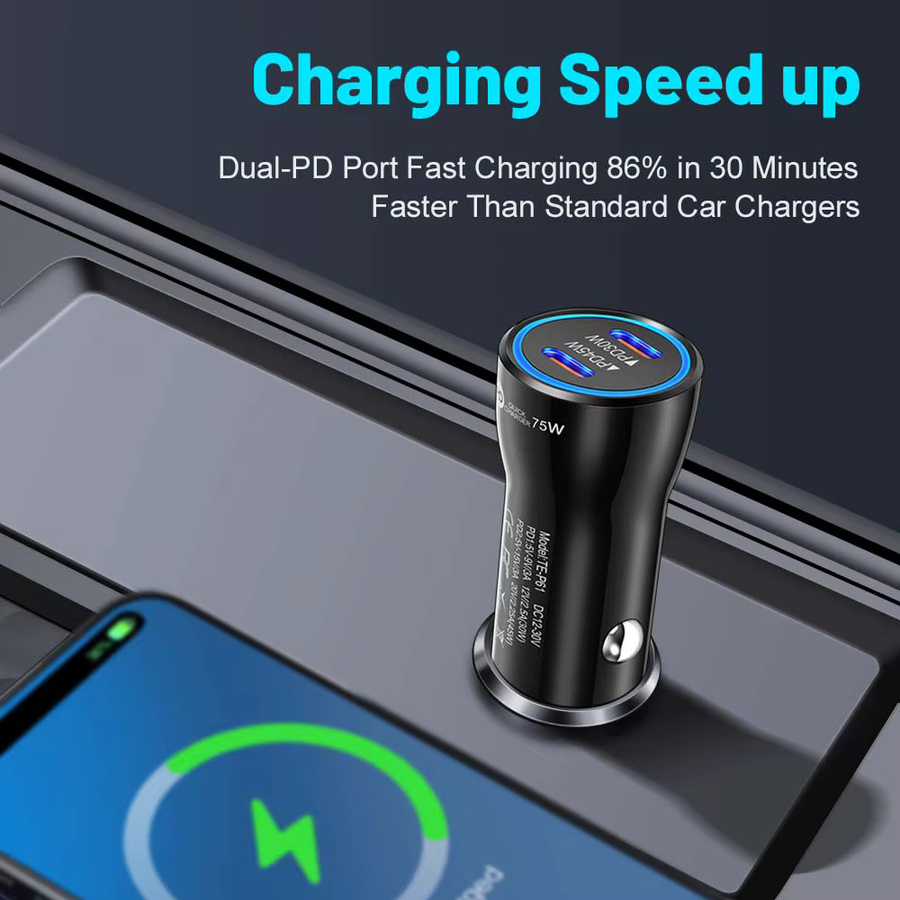 75W USB C Autoladegerät mit Dual Ports Typ C Schnellladeadapter in Schwarz für iPhone, Xiaomi und Samsung - Bild 2