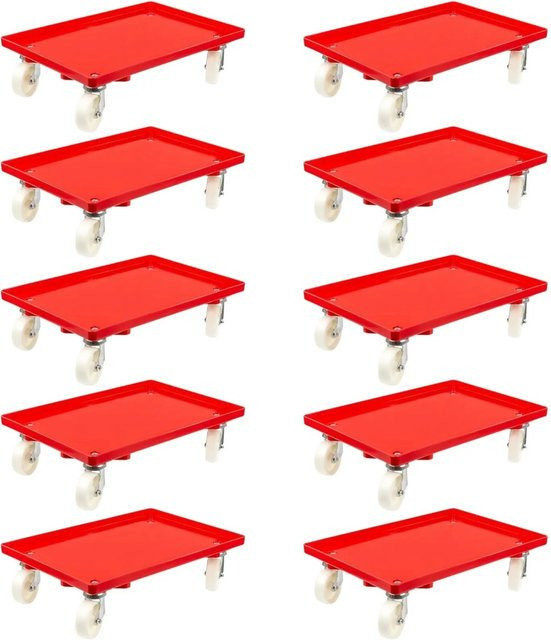 PROREGAL SparSet 10x Transportroller für Euroboxen, Farbe: Rot, mit Kunststoffrädern, geschlossenem Deck, 2 Lenkrollen und 2 Bockrollen, Tragkraft: 300 kg, B/T: 60 x 40 cm - Bild 1