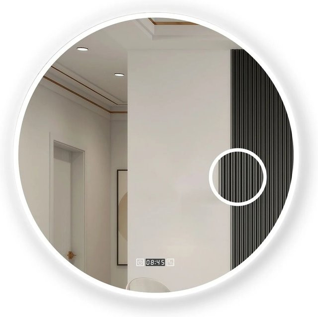 Aica Sanitär Rund Badspiegel mit LED Beleuchtung und Uhr, Weiß, Durchmesser: 80 cm, Dimmbar mit Memory Touch und Neutral-Warm-Kaltweiß Licht - Bild 1