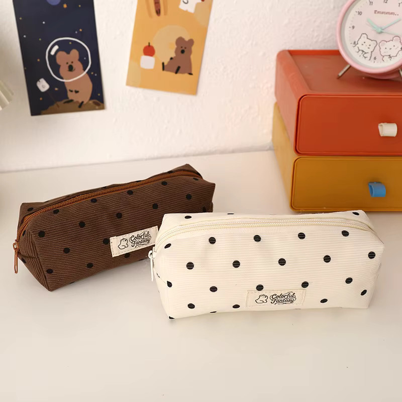 TWBEB Federmäppchen im koreanischen Stil mit Polka Dot Muster aus Cord in Beige und Weiß - Bild 2