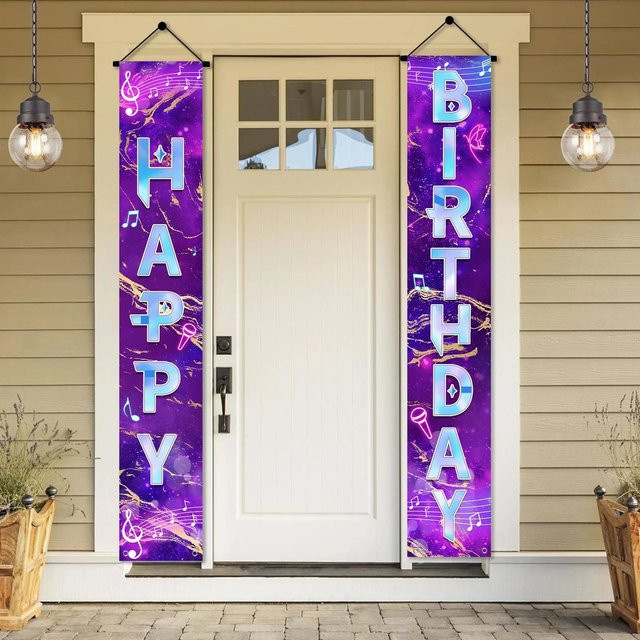 AFYPRTY Geburtstagsbanner Set mit Musiknoten und Galaxie-Design in Lila, Rechteckiges Polyester-Türbanner für deine Geburtstagsparty, Breite: 30 cm, Höhe: 180 cm - Bild 1