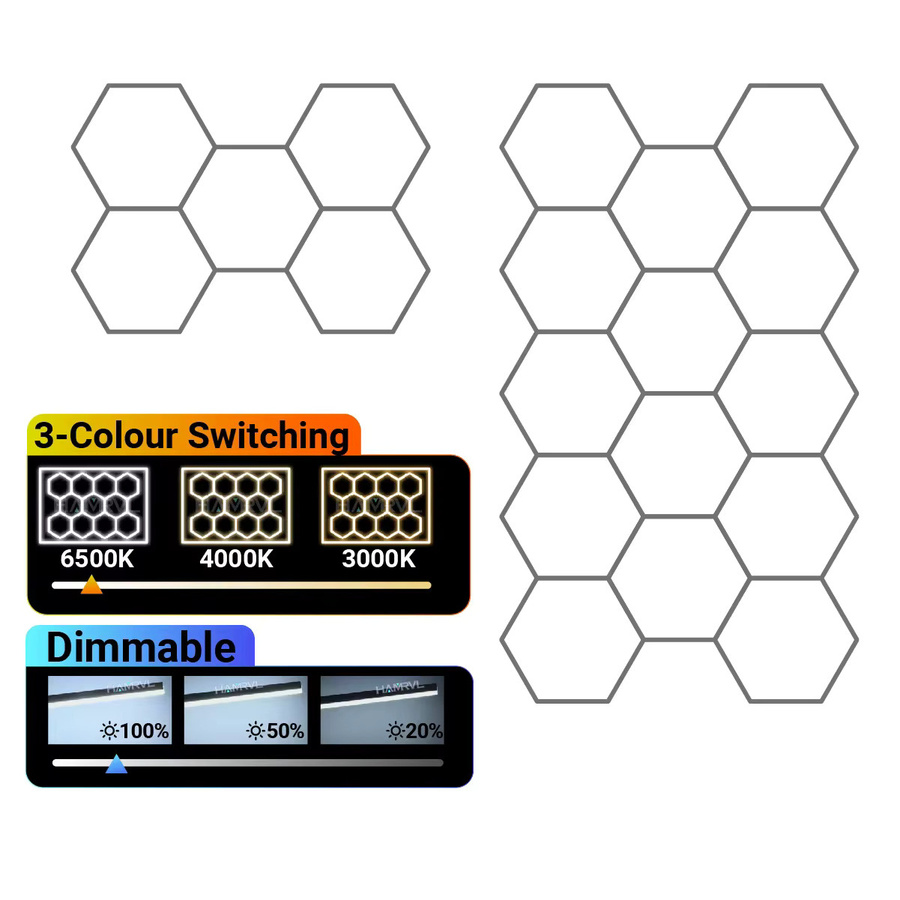 HAMRVL Hexagon LED Deckenleuchte aus Aluminium in Weiß und Silber mit RGB Farbwechsel für Garage, Büro und Werkstatt - Bild 6