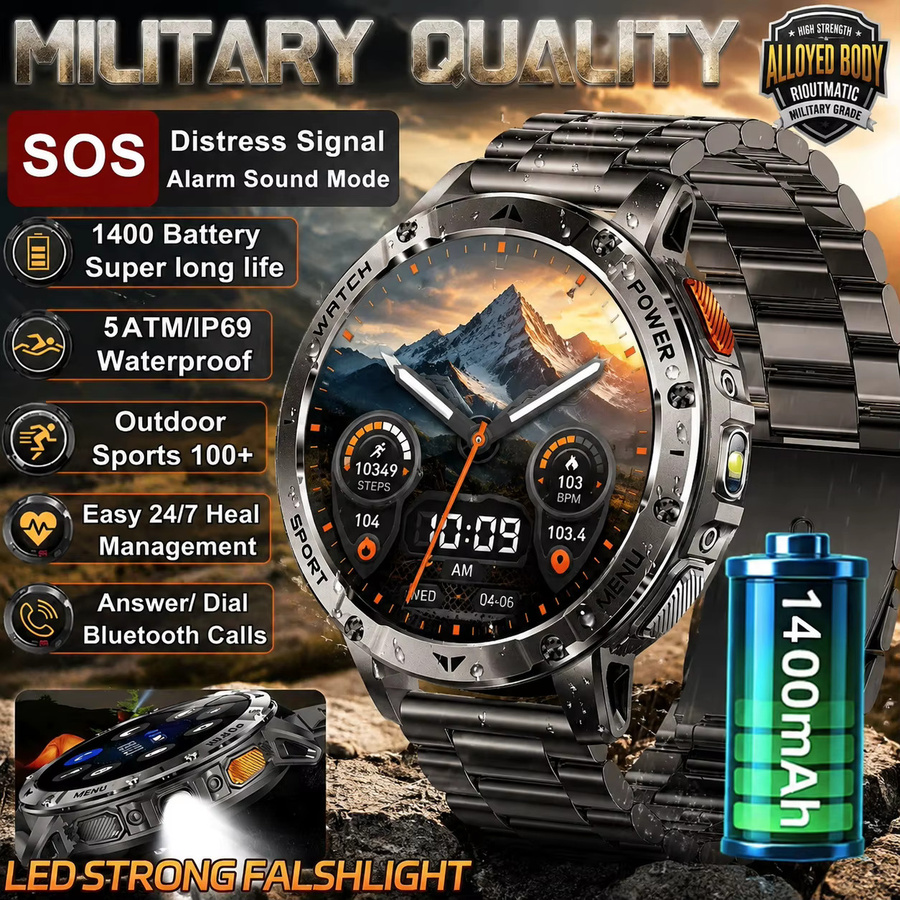 GUHUAVMI Militärische Smartwatch aus Legierung mit 1400mAh Akku, wasserdicht, Bluetooth-Anrufe, SOS-Notfall-Taschenlampe, Outdoor-Sportuhr für Herren in Schwarz, Grau oder Orange - Bild 3