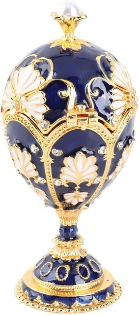 Neoglint Vintage Schmuckdose in Ei-Form aus Emaille und Metall mit Strasssteinen und floralem Design in Blau - Bild 1
