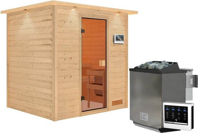 Karibu Sauna Adelina Naturbelassen mit Kranz, inkl. 9 kW Bio-Ofen und externer Steuerung, Braun - Bild 1