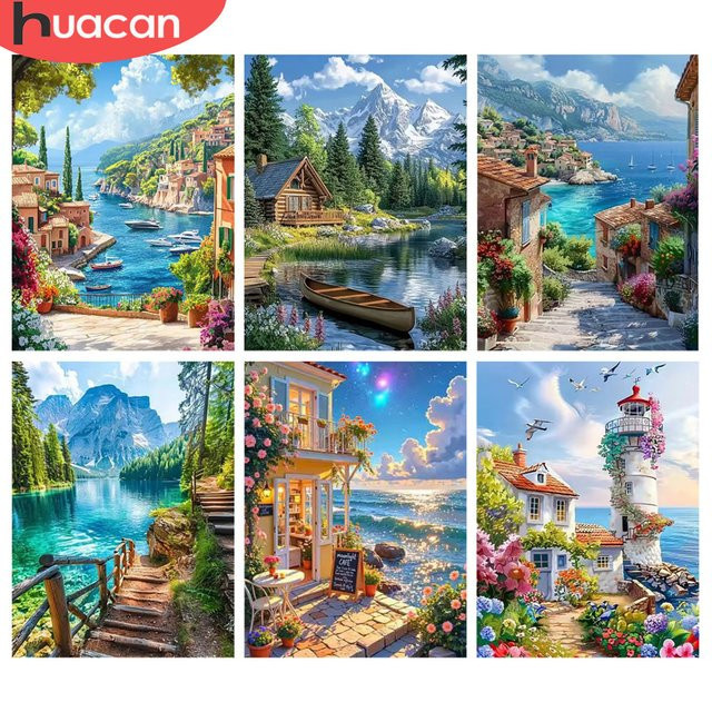 HUACAN Diamant-Malerei-Set Landschaft und Meer als modernes Mosaik in Mehrfarbig, Durchmesser: 30 cm - Bild 1