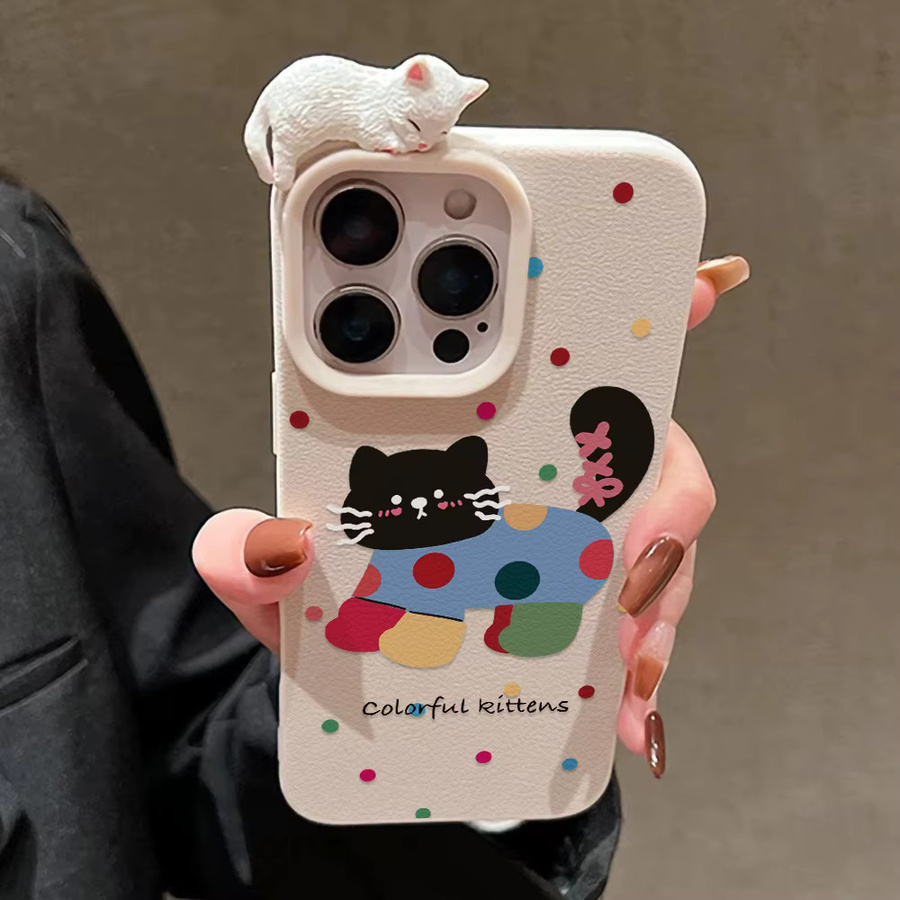 Stoßfeste iPhone Schutzhülle mit 3D-Katzen-Lychee-Muster in Multicolour - Bild 5