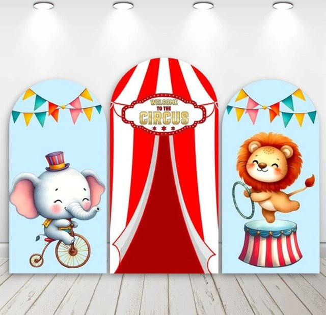 VIKAMA Karneval-Zirkus-Bogen Hintergrund mit Cartoon-Tieren für Kindergeburtstage, mehrfarbig gestreift, Breite: 150 cm, Höhe: 65 cm - Bild 1