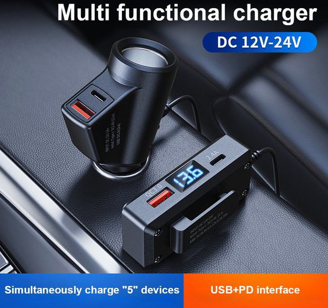 Multifunktionales Auto-Ladegerät mit Digital Display und Schnellladefunktion QC3.0 sowie PD USB-C in Schwarz - Bild 1
