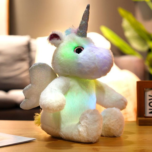 Einhornpuppe Plüschtier, leuchtend, sitzend, weiß, bunt / mehrfarbig - Bild 1
