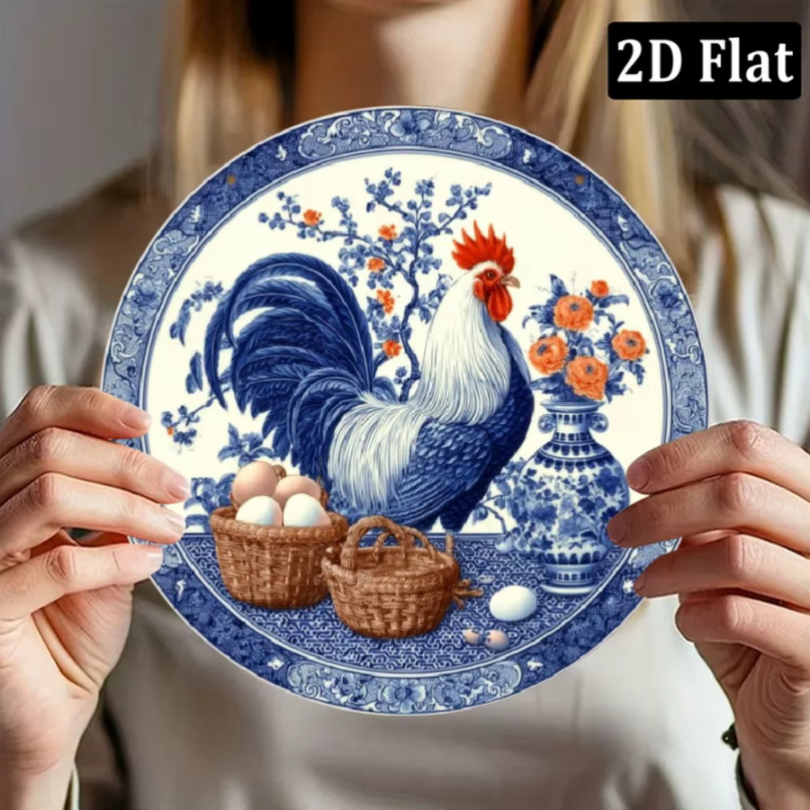 CIFBUY Rundes Metallschild Vintage Blauer Hahn mit Blumenmuster und Ei-Motiv, Durchmesser: 20,32 cm - Bild 4