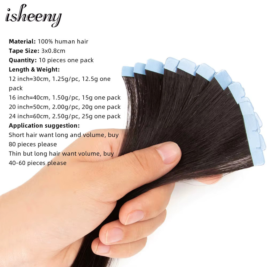 isheeny Mini Tape Haarverlängerungen Remy Echthaar, 30-60 cm, Schwarz Braun Blond - Bild 3