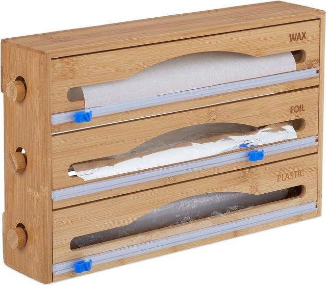 Relaxdays 3 in 1 Folienspender aus Bambus und Kunststoff in Natur Braun, Wandmontage, B: 39 cm, H: 23,5 cm, T: 9 cm - Bild 1