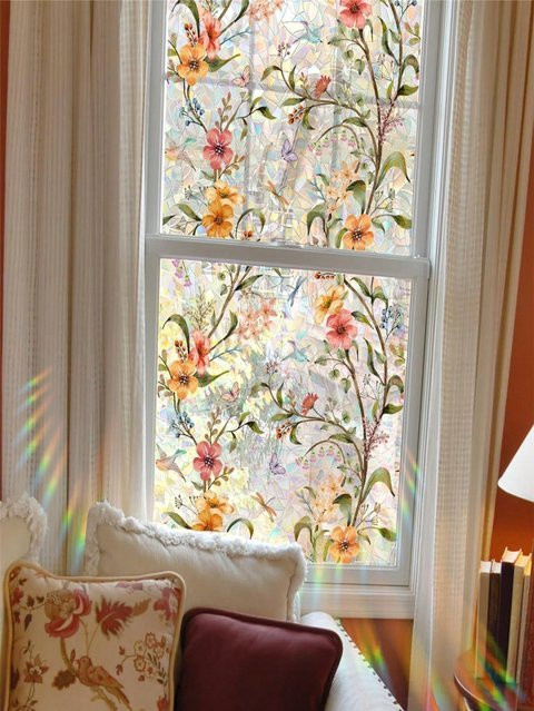 BUNPIG Selbstklebende Dekorative Fensterfolie in Multicolour mit geometrischem Abstract-Muster, Statisch Haftender Sichtschutz für Badezimmer und Duschtür, Anti-UV und Wärmekontrolle - Bild 1