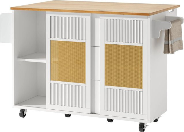 okwish Kücheninsel mit Ausziehfunktion und Rollen in Weiß, B/T/H: 120 x 73 x 90 cm - Bild 1
